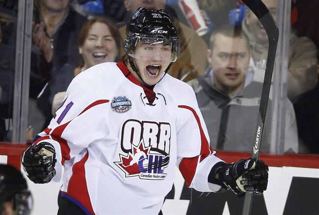 Team Orr's Brendan Lemieux celebrates his goal against Team Cherry during second period CHL Top Prospects hockey action in Calgary, Alta., Wednesday, Jan. 15, 2014. 