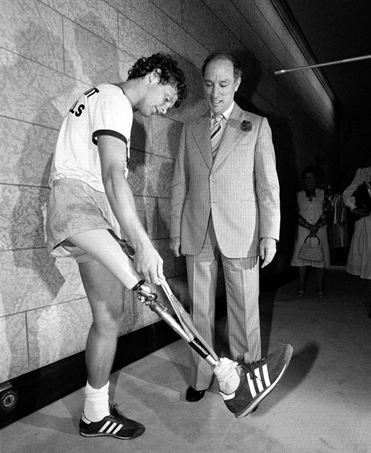 Terry Fox meets with Prime Minister Pierre Trudeau in Ottawa on July 2, 1980. Canadians have handed the Harper government a Top 10 list of the country's greatest heroes. THE CANADIAN PRESS.