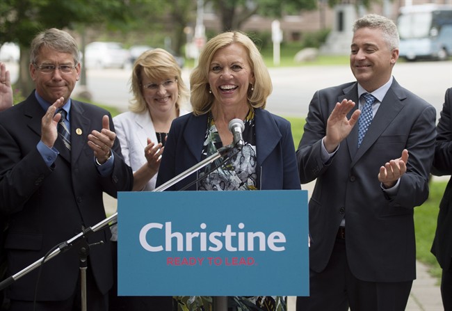 Christine Elliott, widow of former federal Finance Minister Jim Flaherty, announces her intention to run for the Ontario PC leadership during a press conference in Toronto on Wednesday, June 25, 2014. THE CANADIAN PRESS/Darren Calabrese.