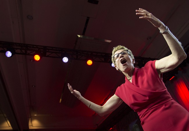 Ontario Liberal Leader Kathleen Wynne celebrates with supporters at the Liberal's election night headquarters in Toronto, Ont