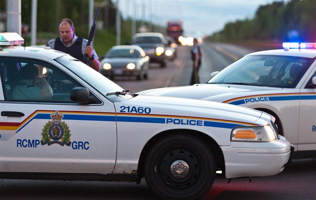RCMP officers use their vehicle to create a keep a perimeter in Moncton, N.B.on Wednesday June 4, 2014. The RCMP in New Brunswick says an undisclosed number of people have been shot and a manhunt is underway in the north end of Moncton for a man armed with guns. THE CANADIAN PRESS/Marc Grandmaison.