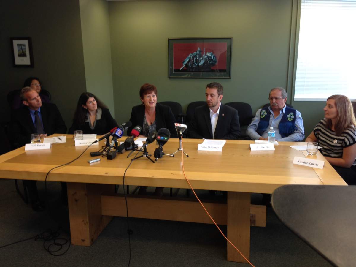 Members from Dogwood Initiative, Unifor, Coastal First Nations, West Coast Environmental Law Association, Douglas Channel Watch, and a citizens group called One Cowichan at a press conference.