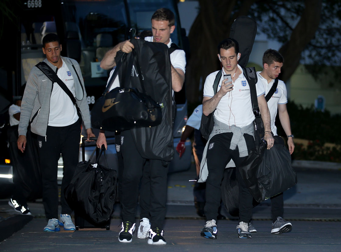 Chris Smalling, Jordan Henderson and Leighton Baines of the England national football team arrives at the Mandarin Oriental Hotel on June 1, 2014 in Miami, Florida. The England team are preparing for the FIFA World Cup 2014 in Brazil with friendly matches against Ecuador and Honduras in Miami.