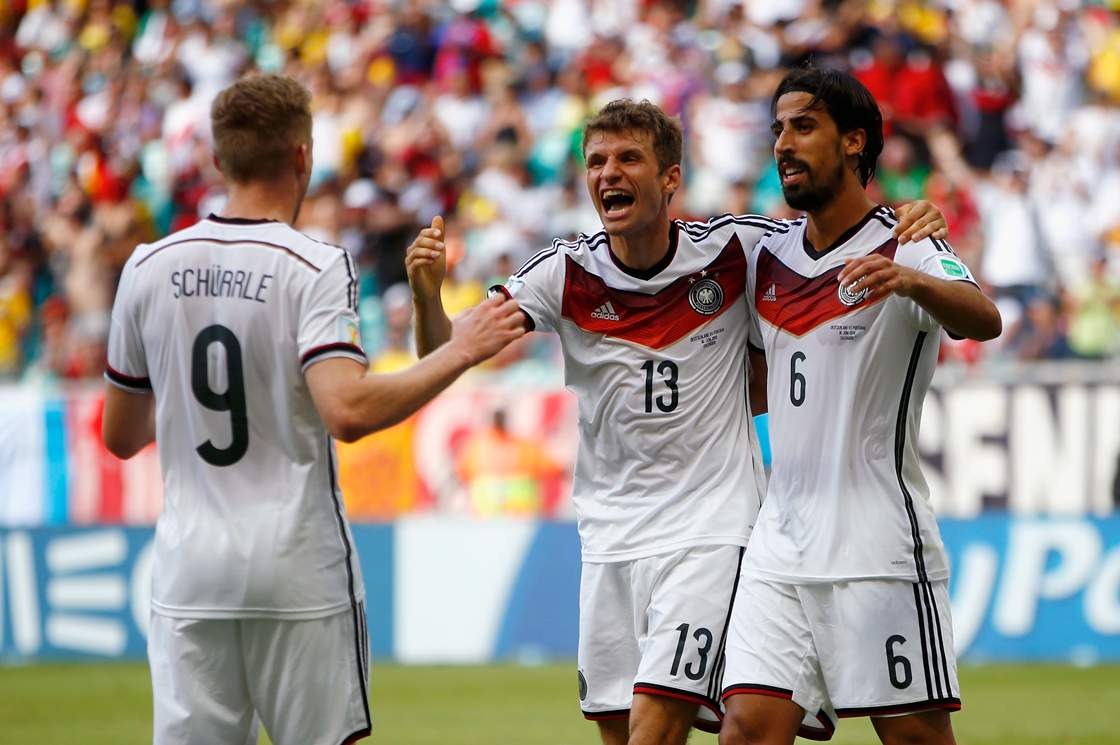 Thomas Mueller of Germany scores the fourth goal during the 2014 FIFA World Cup Brazil Group G match between Germany and Portugal at Arena Fonte Nova on June 16, 2014 in Salvador, Brazil. (Photo by Clive Brunskill/Getty Images)