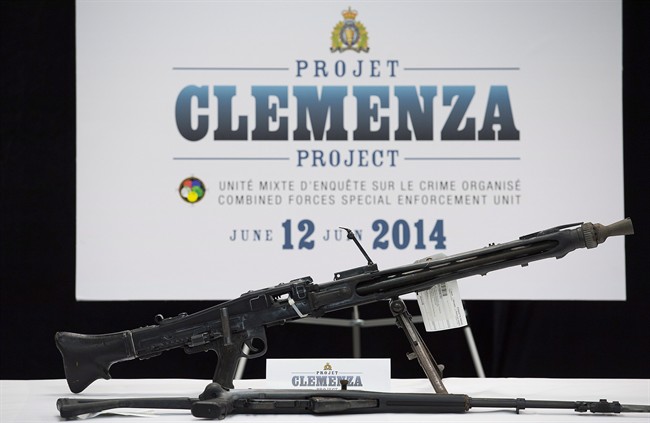 Weapons seized during Project Clemenza are displayed during a news conference at RCMP headquarters in Montreal.