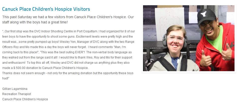 Testimonial from Canuck Place on the Vancouver Gun Range website.