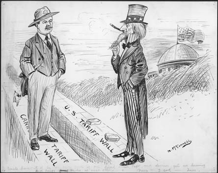 "Uncle Sam: It will be too bad Jack, if our hired men, Taft and Laurier, get us heaving high tariff bricks at each other" [Caricature of Uncle Sam and Johnny Canuck. Commenting on the proposed Reciprocity treaty of 1911]