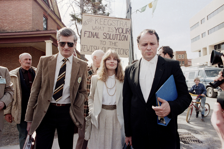 Former Eckville, Alberta teacher Jim Keegstra (left ) leaves the Red Deer courthouse with his lawyer Doug Christie and a legal assistant, Red Deer Alta., April 9, 1985. 