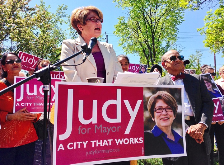 Judy Wasylycia-Leis launched her latest campaign to be mayor of Winnipeg surrounded by supporters at Wightman Green on Ness Avenue Tuesday.