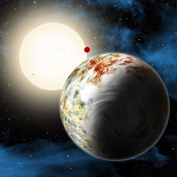 An artist concept shows the Kepler-10 system, home to two rocky planets. In the foreground is Kepler-10c, a planet that weighs 17 times as much as Earth and is more than twice as large in size. 