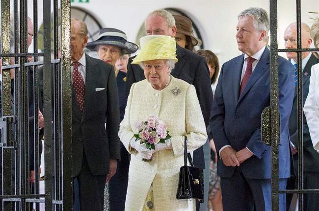 Britain's Queen Elizabeth II is seen during a visit at the Crumlin Road jail visitor attraction in Belfast, Tuesday, June 24, 2014.