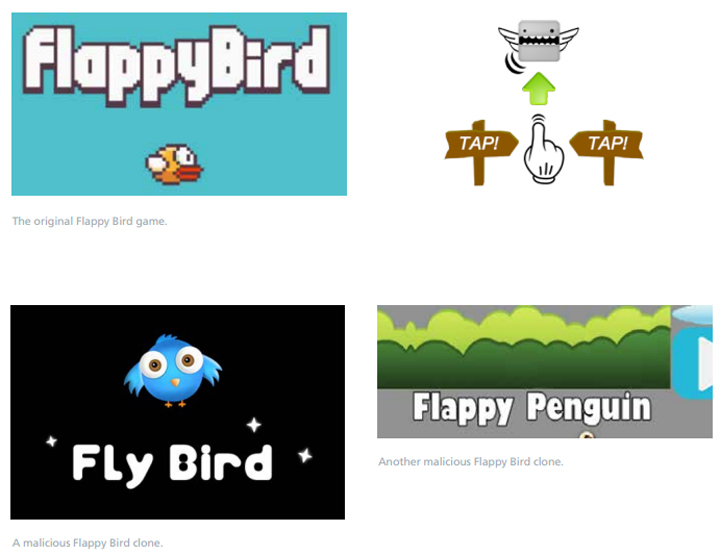 A sampling of malicious Flappy Bird clones documented by McAfee.