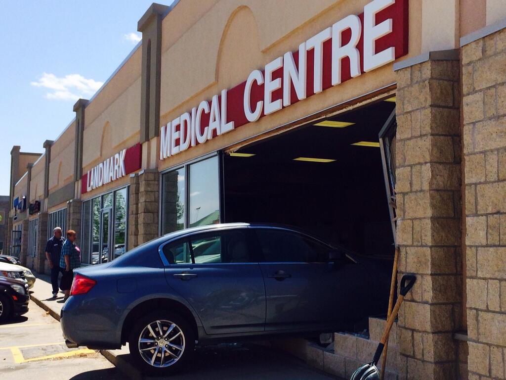 Plenty of damage but no injuries after a car crashed through the front of the Landmark Medical Centre Tuesday afternoon.