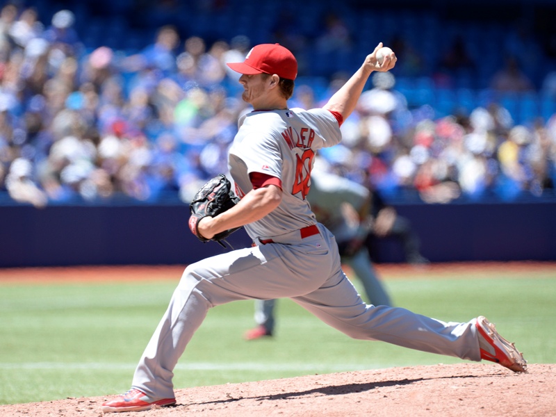 St. Louis Cardinals' pitcher Shelby Millerthrows against the Toronto Blue Jays during first inning American League baseball action in Toronto on Saturday, June 7, 2014. THE CANADIAN PRESS/Frank Gunn.