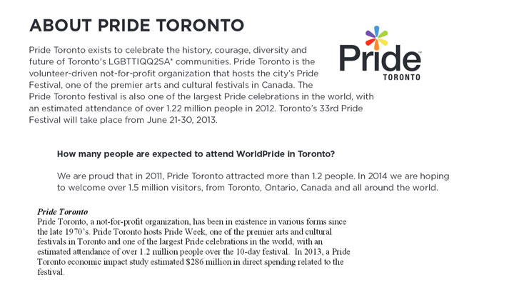 Attendance figures on the Pride Toronto website and (bottom) in a City of Toronto staff report.