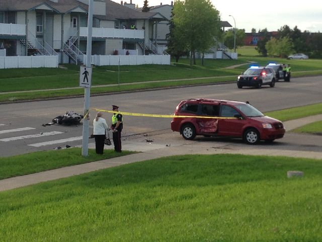 A crash between a motorcycle and a minivan sent the motorcyclist to hospital Monday evening.