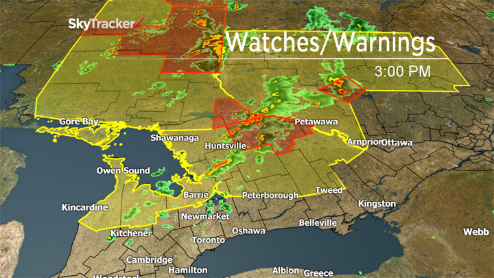 Severe thunderstorm watches and warnings were issued across Ontario Monday.