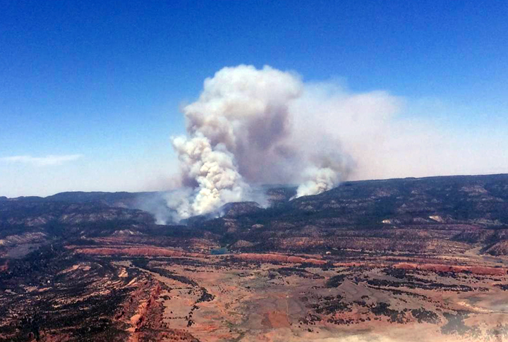 This image provided by Inci Web shows a plume of smoke in the Chuska Mountains near Naschitti, N.M. on Sunday, June 15, 2014.  