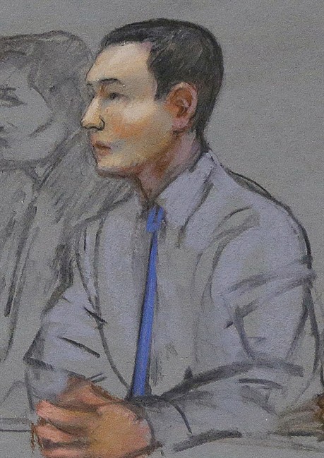 In this May 13, 2014 file courtroom sketch, defendant Azamat Tazhayakov, a college friend of Boston Marathon bombing suspect Dzhokhar Tsarnaev, sits during a hearing in federal court in Boston.
