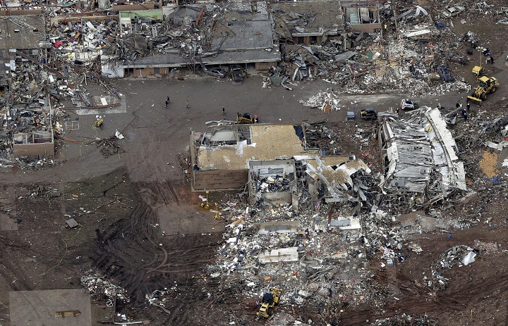 This May 21, 2013 file photo shows an aerial view of Plaza Towers Elementary School which was damaged during a May 20, 2013 tornado, in Moore, Oklahoma.