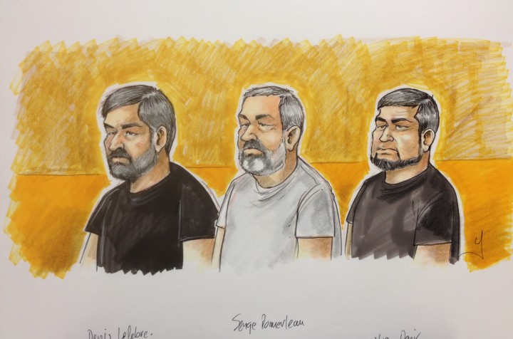 A drawing of the escapees in court.