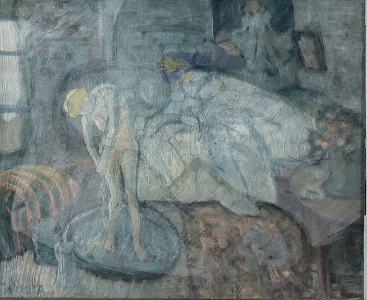 This undated handout image provided by The Phillips Collection shows the overlay of Picasso’s The Blue Room, painted in 1901. Scientists and art experts have found a hidden painting beneath the painting. Advances in infrared imagery reveal a bow-tied man with his face resting on his hand, with three rings on his fingers.