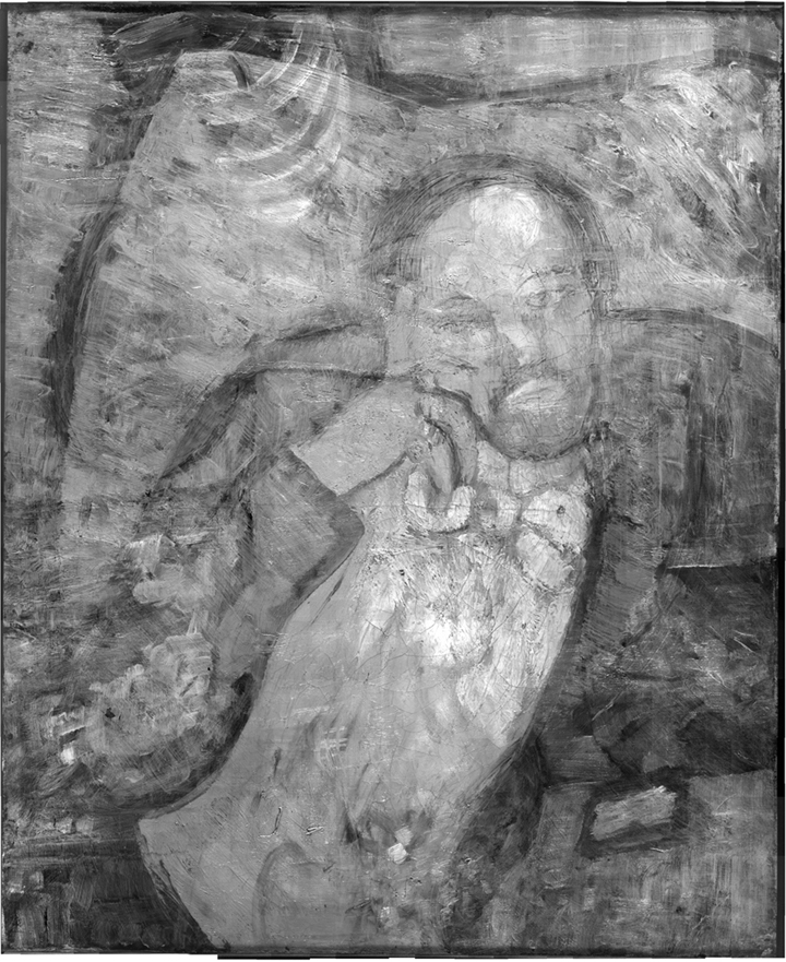 This undated handout image provided by The Phillips Collection shows an infrared image of Pablo Picasso’s “The Blue Room,” painted in 1901. Scientists and art experts have found a hidden painting beneath the painting. Advances in infrared imagery reveal a bow-tied man with his face resting on his hand, with three rings on his fingers. Now the question that conservators at The Phillips Collection in Washington hope to answer is simply: Who is he? It’s a mystery that’s fueling new research about the 1901 painting created early in Picasso’s career while he was working in Paris at the start of his distinctive blue period of melancholy subjects.