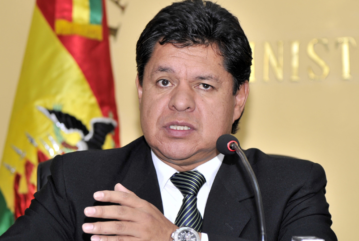 In this FILE photo, Bolivia's Defence Minister Ruben Saavedra offers a press conference in La Paz on April 2, 2013. Saavedra said Tuesday a military college instructor would be penalized for violating a ban on using animals for military instruction.


