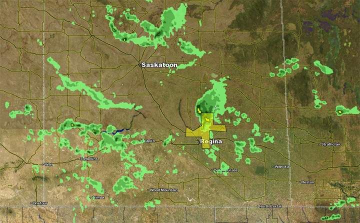 Environment Canada had issued a severe thunderstorm warning Sunday in southern Saskatchewan.