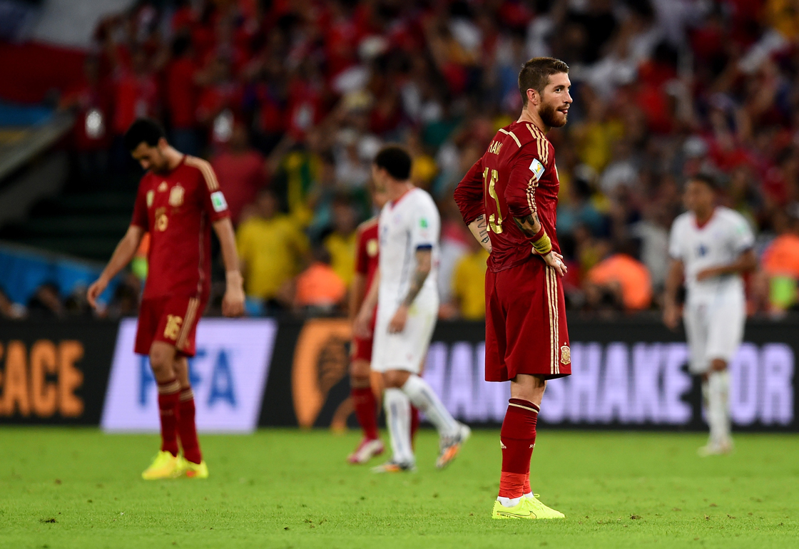RIO DE JANEIRO, BRAZIL - JUNE 18: Sergio Ramos of Spain looks dejected after his team's 2-0 defeat in the 2014 FIFA World Cup Brazil Group B match between Spain and Chile at Maracana on June 18, 2014 in Rio de Janeiro, Brazil. (Photo by David Ramos/Getty Images)