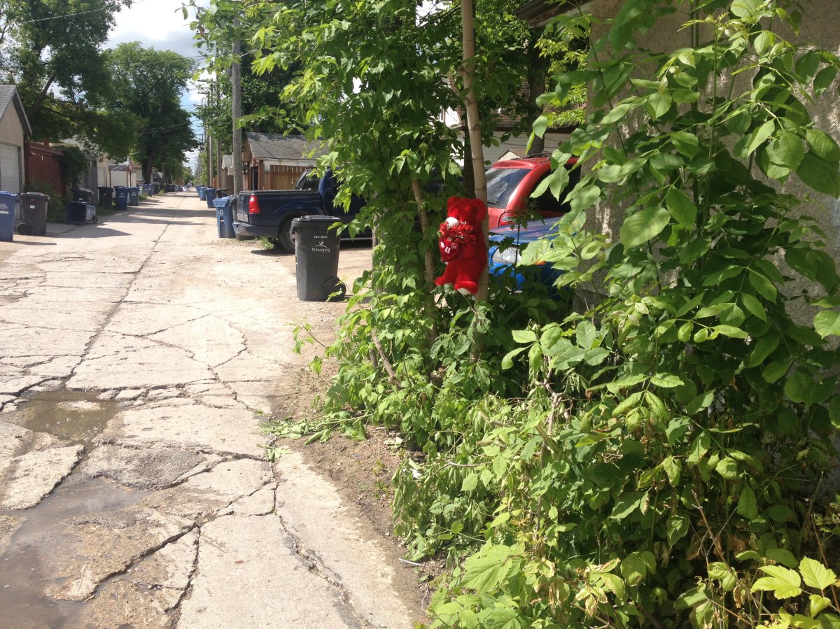 A red teddy bear holding a heart marks the spot in a back lane east of Toronto street, where three-year-old Robert Wilson Scherban was hit by car Sunday afternoon. He later died of his injuries.