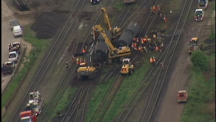 Tanker cars carrying crude oil that derailed in Winnipeg on Friday, June 20, 2014.
