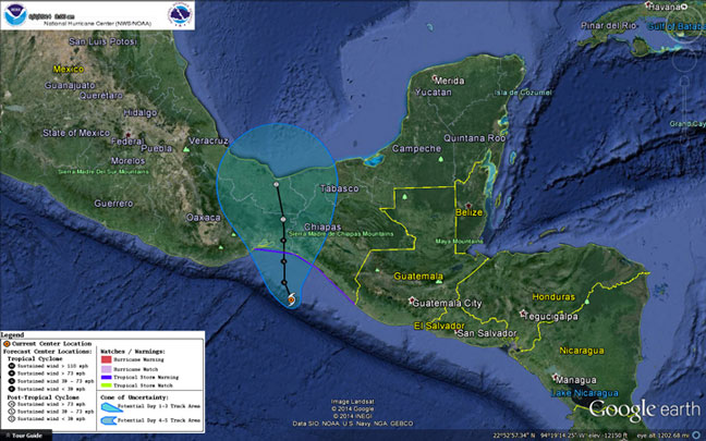 The predicted path of Tropical Storm Boris.