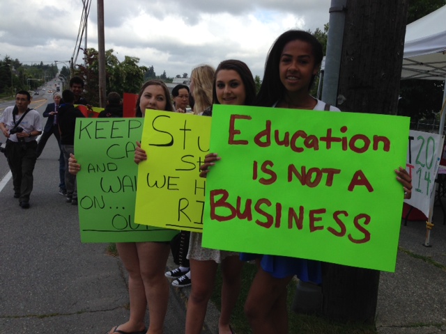 Students walk out at Lord Tweedsmuir Secondary School.