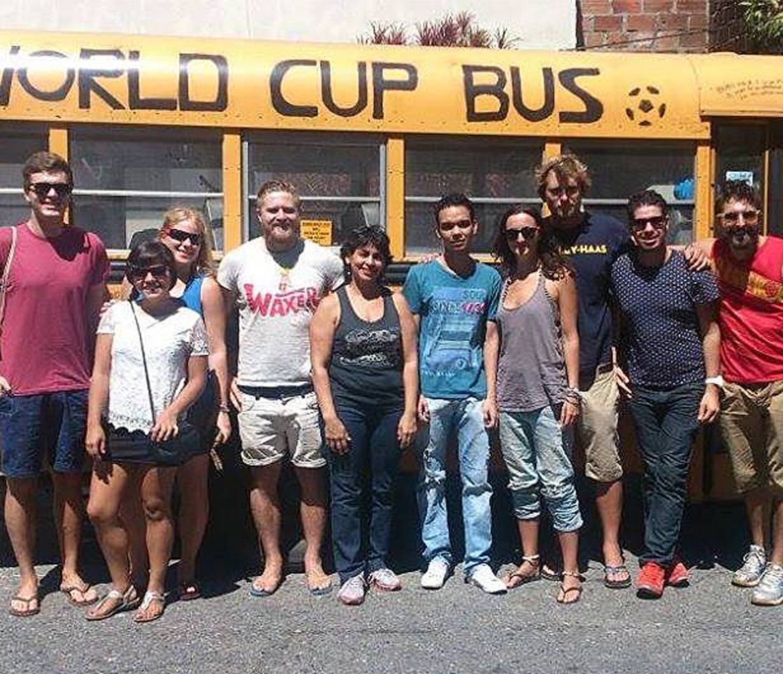 Tom Henriksen, fourth from left, and other travellers on the "World Cup Bus," which traveled from Burnaby, B.C. to Sao Paulo, Brazil for the World Cup.
