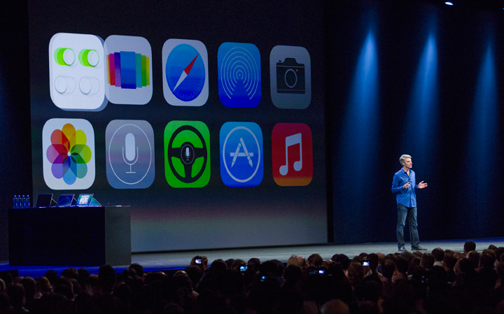 Craig Federighi, Vice President of Software Engineering, introduces iOS7 at a keynote address during the 2013 Apple WWDC,.