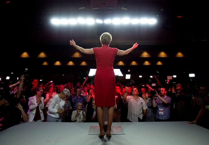 Ontario Liberal Leader Kathleen Wynne acknowledges supporters at the Liberal's election night headquarters in Toronto, Ont. on Thursday, June 12, 2014. 