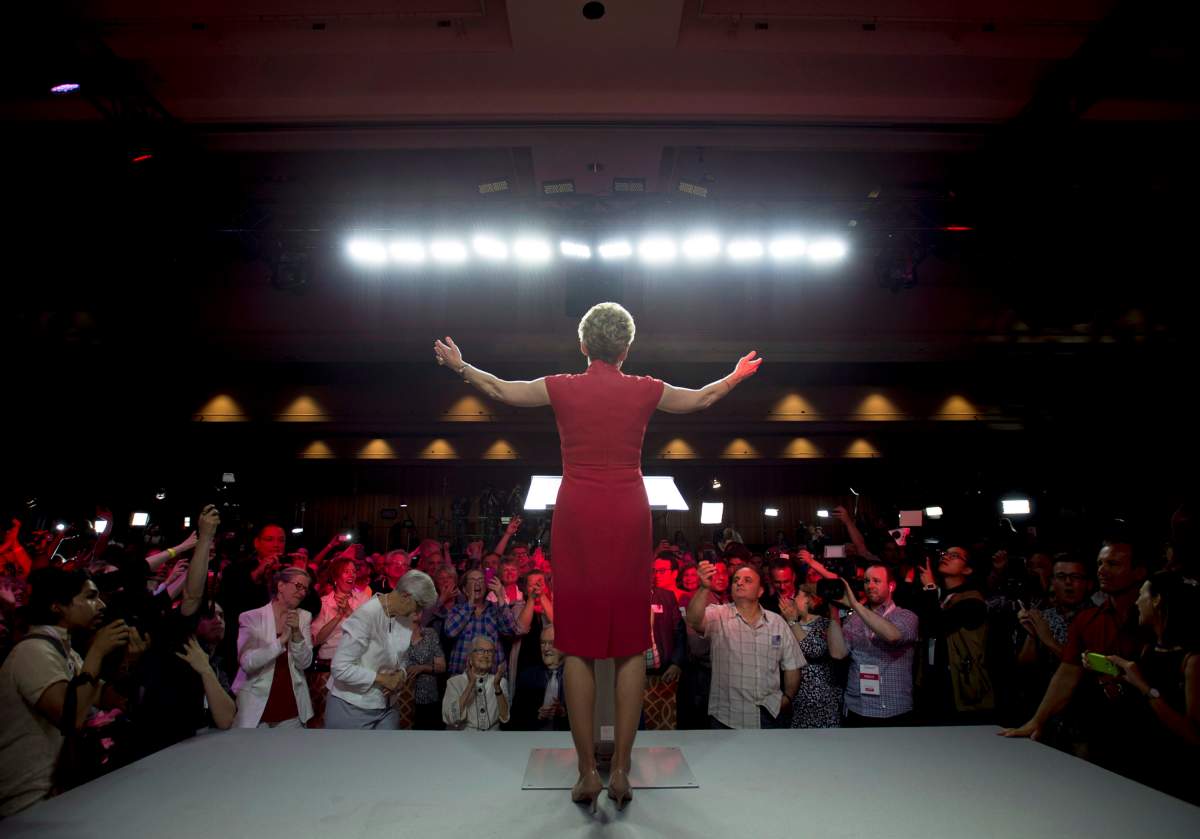 Ontario Liberal Leader Kathleen Wynne acknowledges supporters at the Liberal's election night headquarters in Toronto, Ont. on Thursday, June 12, 2014. 