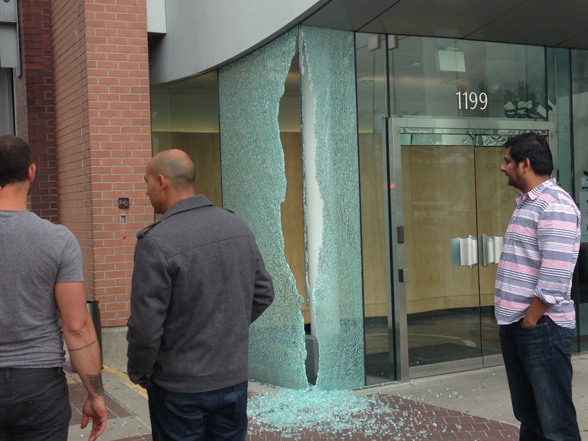 Glass blown out of a Yaletown condo building.