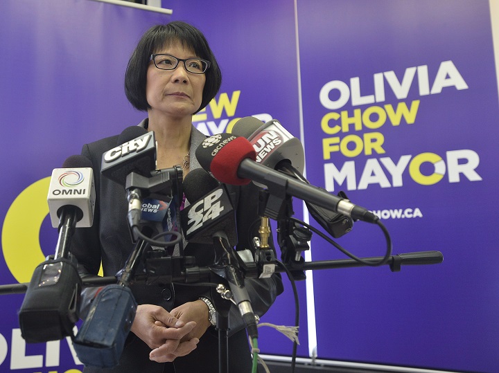Toronto Mayoral candidate Olivia Chow addresses the media in Toronto on Thursday May 1, 2014. THE CANADIAN PRESS/Nathan Denette.