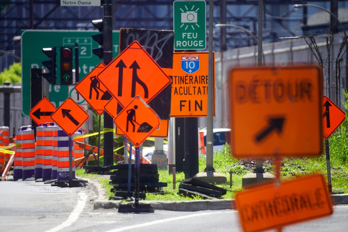 A file photo of Montreal streets littered with road construction signs.