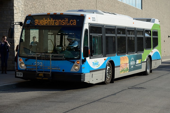 A Guelph Transit bus loading passengers in Guelph, Ont., on July 10, 2014.