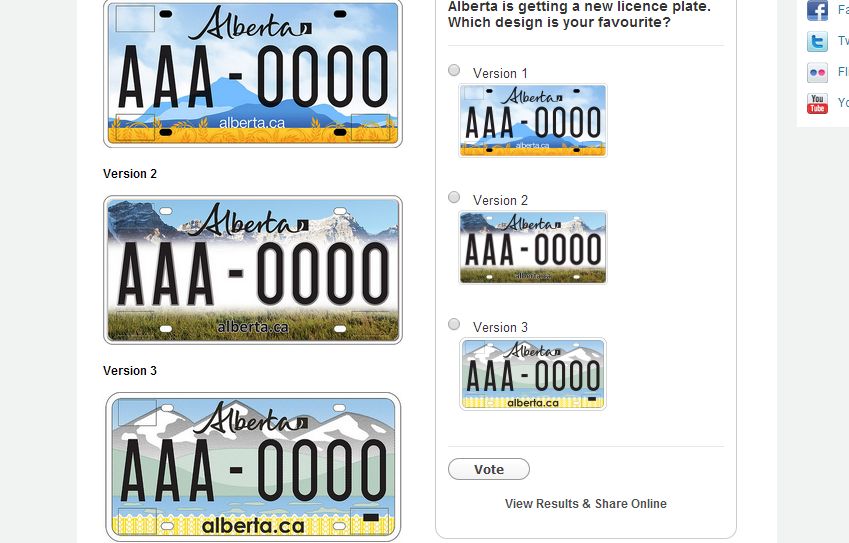 The three licence plate designs the province of Alberta is asking people to vote on.