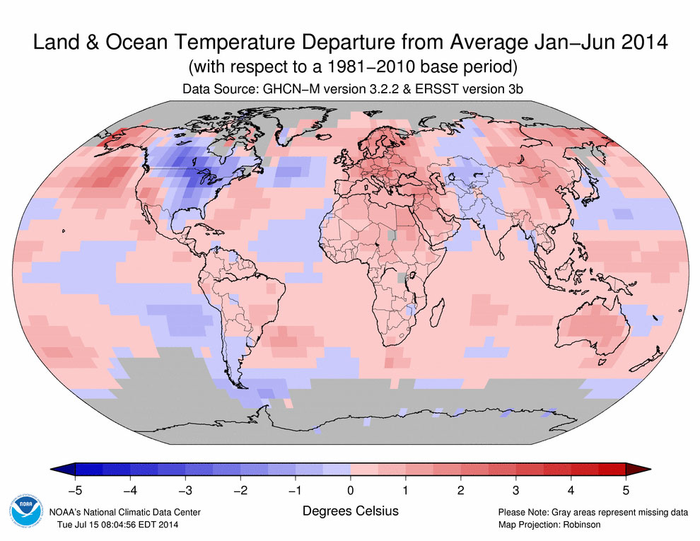 Though North America experienced cooler-than-average temperatures from January to June, most of the globe experienced warmer-than-average temperatures during the same period.