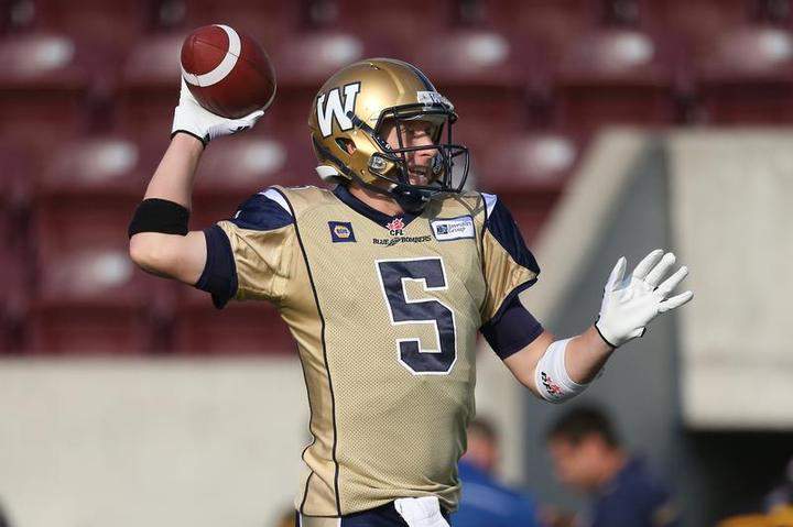 Drew Willy #5 of the Winnipeg Blue Bombers warms up before the start of CFL game action against the Hamilton Tiger-Cats on Thursday at Ron Joyce Stadium in Hamilton, Ont.