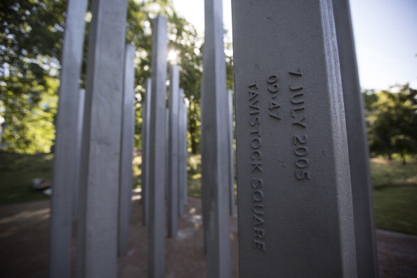 The memorial in Hyde Park commemorating the victims of the July 7, 2005 London bombings, on July 7, 2014 in London, England. The memorial, made up of 52 steel pillars, each representing a victim of the bombings, was defaced last night with graffiti reading: "4Innocent Muslims" and "Blair Lied Thousands Died".  (Photo by Oli Scarff/Getty Images).