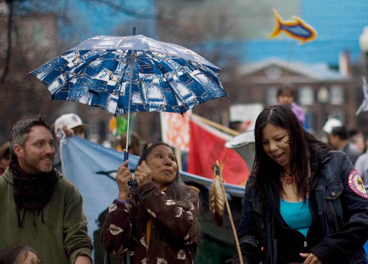Demostrators gather as they prepare  to march during a protest in Toronto on Wednesday April 7, 2010 to highlight demands for the restitution for mercury poisoning which is claimed to be affecting the health of the community in Grassy Narrows, Ontario. 