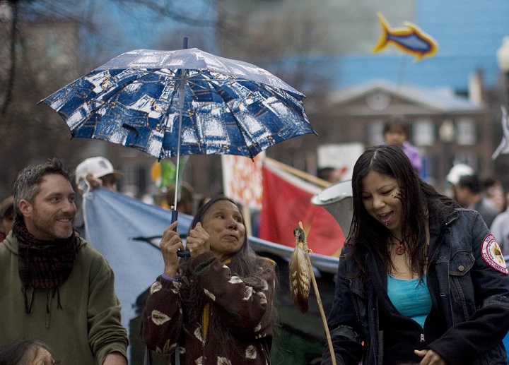 Demonstrators gather during a protest in Toronto on Wednesday April 7, 2010 to highlight demands for the restitution for mercury poisoning which is claimed to be affecting the health of the community in Grassy Narrows, Ontario.