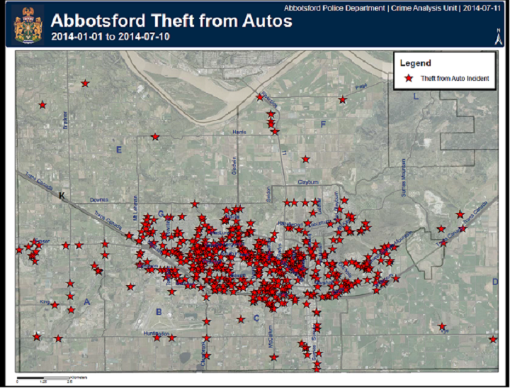 This map of Abbotsford shows the locations where vehicles have been targeted for theft.