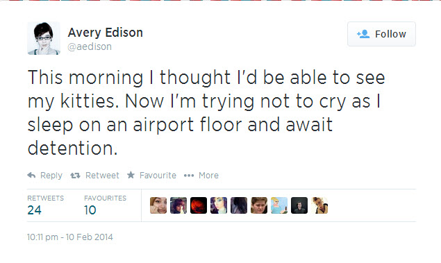A screenshot of a Tweet sent by transgender comedian Avery Edison while in CBSA custody on  February 15, 2014.